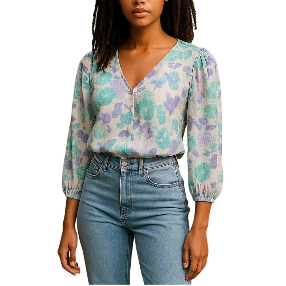 Midnight Sky Faux Wrap Boho Blouse Pastel XL Crinkle Pleat NWT